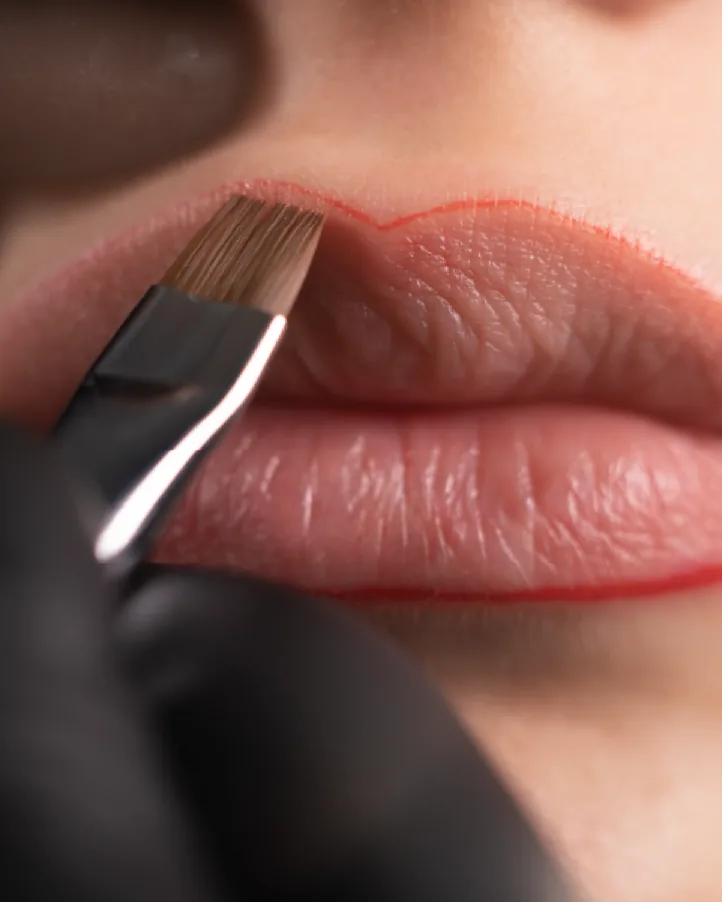 Etapa de micropigmentação labial com aplicação delicada de pigmento, respeitando o contorno natural dos lábios