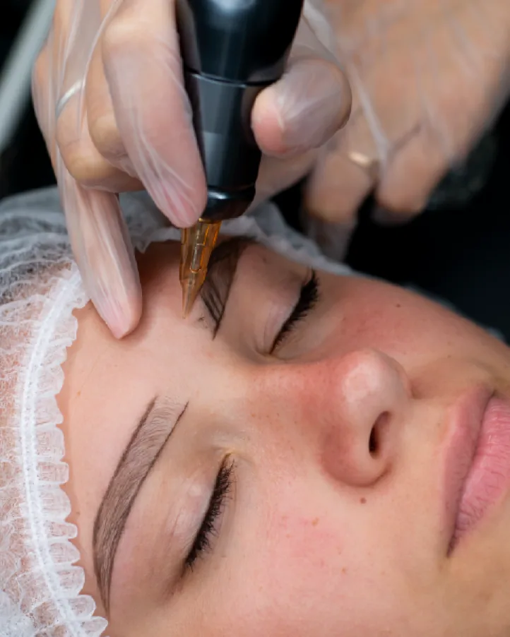 Aplicação de laser para clareamento de micropigmentação na região da sobrancelha, com proteção ocular e equipamento de precisão