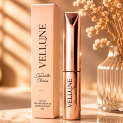 Frasco rose gold do Vellune apoiado na caixa nude, com flores secas ao fundo